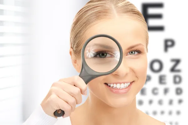 Woman with magnifier and eye chart